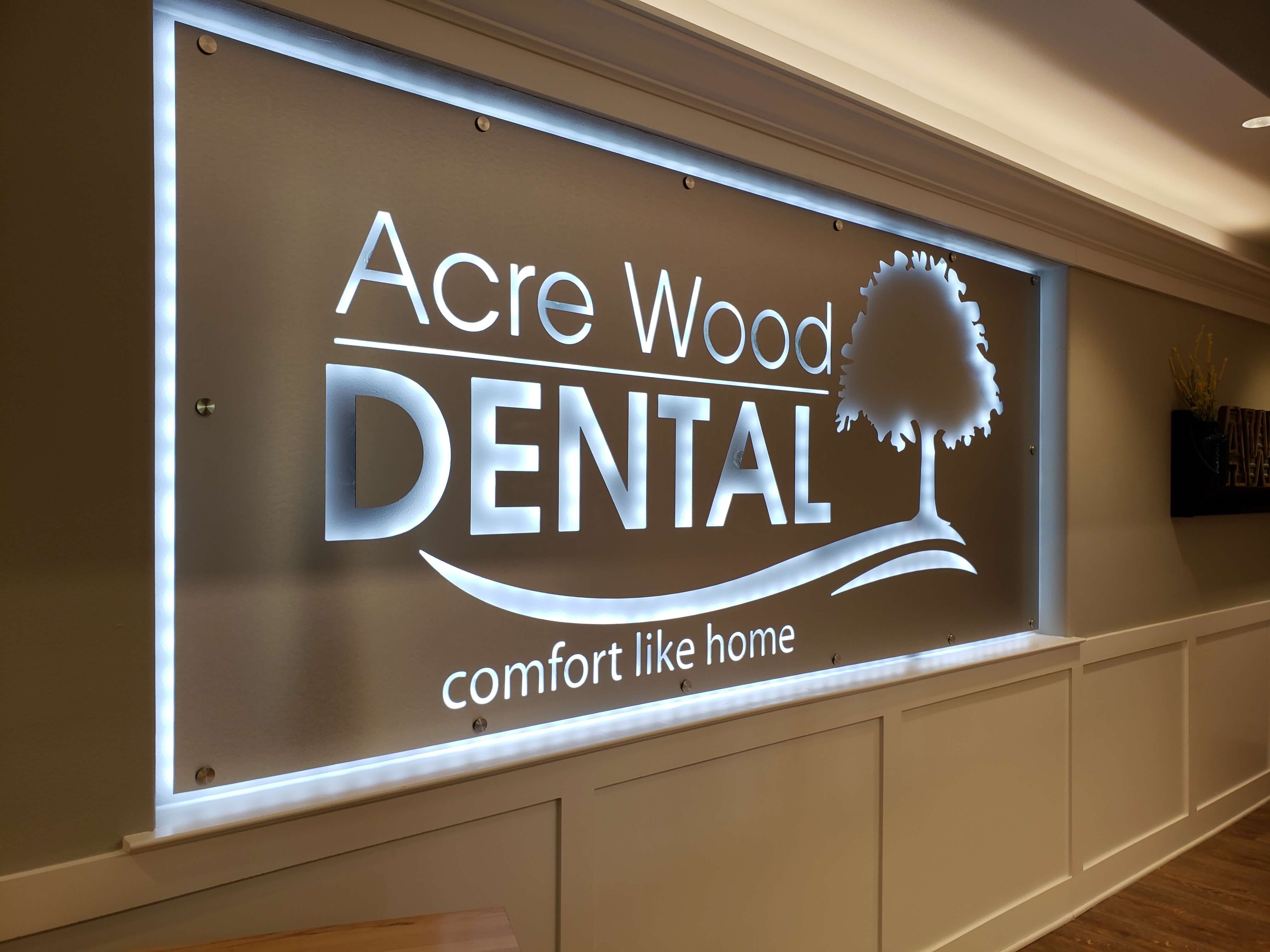 Acre Wood Dental-main sign, lit
"comfort like home"